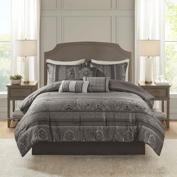 slide 2 of 15, Madison Park Venetian Grey Jacquard 7-piece Comforter Set California King