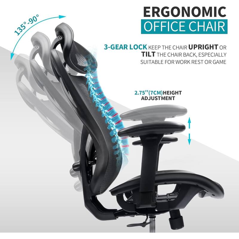 Mesh Office Chair Ergonomic Adjustable Lumbar Support Armrest Headrest High Back Desk Chair with Wheels for Office Home Gaming