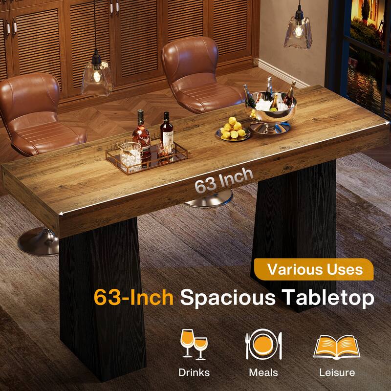 63-Inch Bar Table, Wood Rustic Counter Height Pub Table