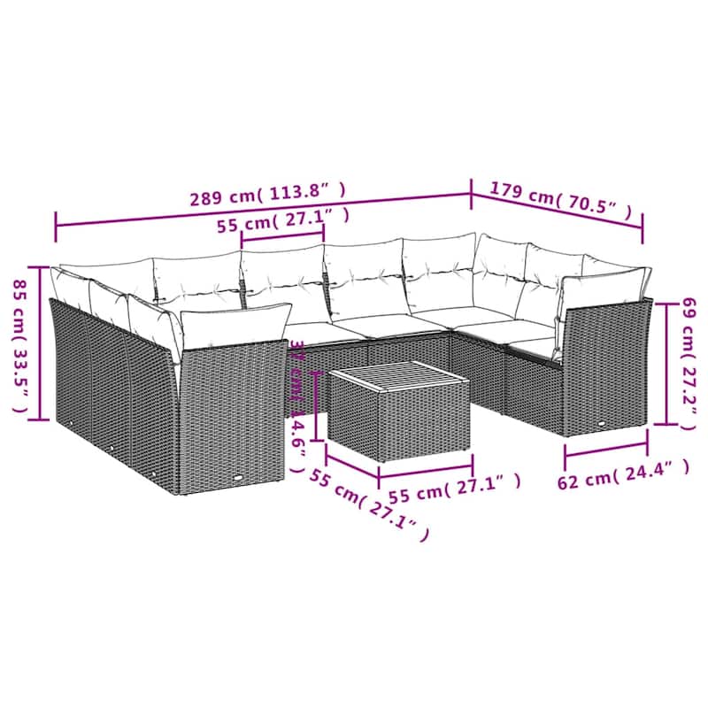 vidaXL Patio Sofa Set with Cushions Outdoor Furniture 10 Piece Poly Rattan - 21.7 x 21.7 x 14.6