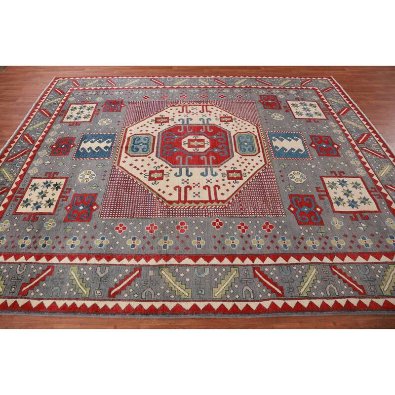 Hand Knotted Oriental 100% Wool Carpet Traditional Medallion Greys & Charcoal Kazak Area Rug - 10' 0'' X 8' 1''