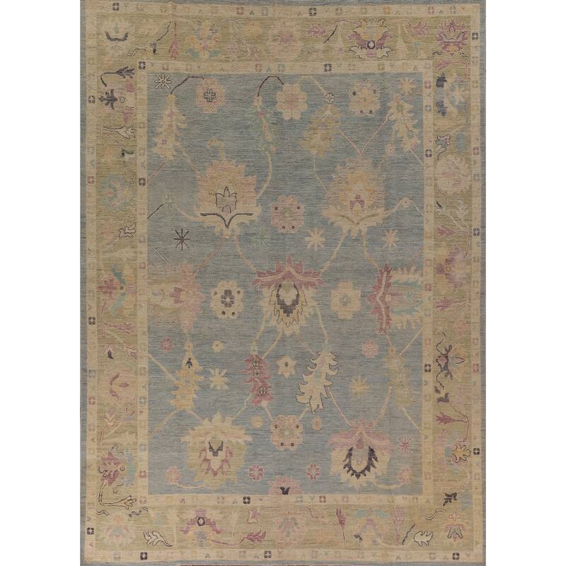 Light Blue Vegetable Dye Oushak Rug Hand-Knotted Turkish Wool Carpet - 9'0" x 11'9"