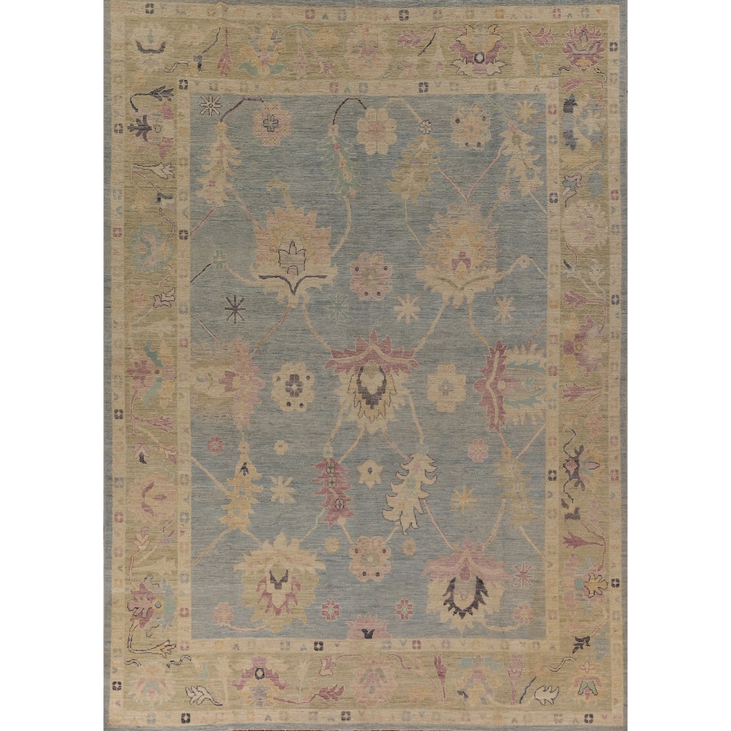 Light Blue Vegetable Dye Oushak Rug Hand-Knotted Turkish Wool Carpet - 9'0" x 11'9"