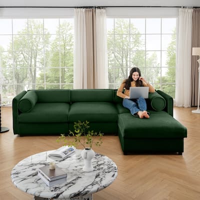 109" Chenille L-Shaped 3-Seater Sofa with Ottoman & Storage