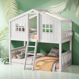 Stylish Twin Over Twin Wood House Shaped Bunk Bed With Built-in Ladder and Guardrail, Solid Construction