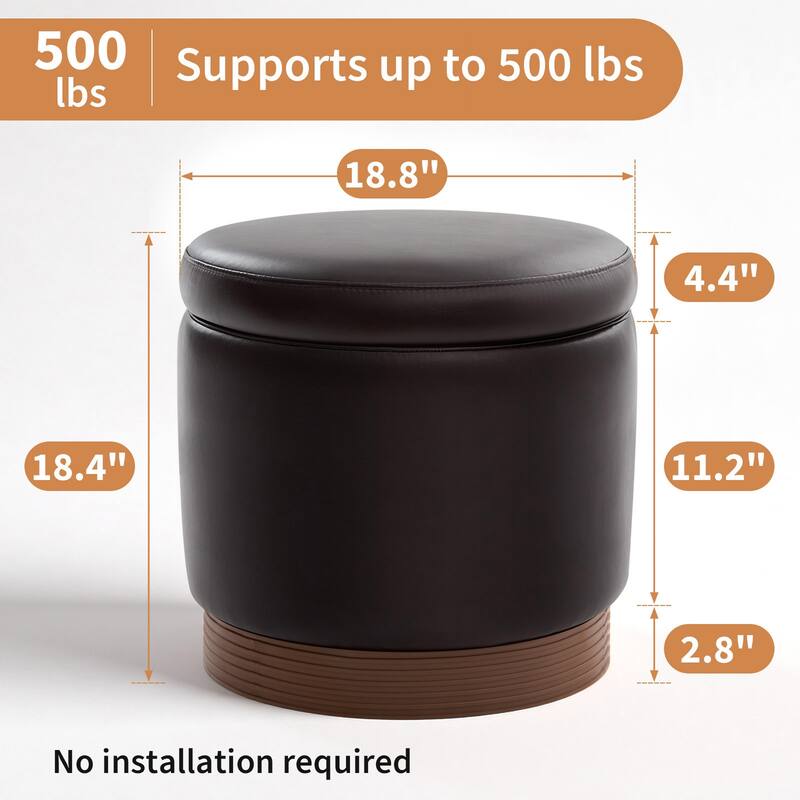 Round Swivel Storage Ottoman Footstool with Flip-top and Acacia Frame