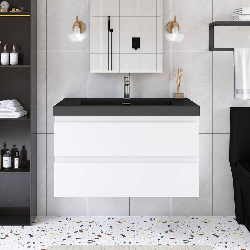 24/30/36 inch Wall-Mounted Bathroom Vanity Set in White with Integrated Black Resin Sink - 36"