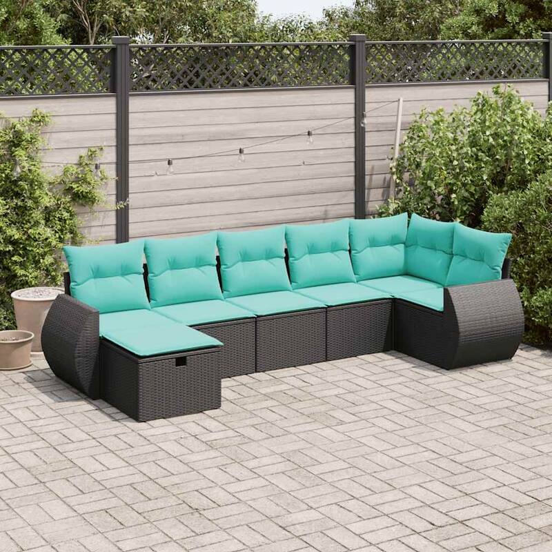 vidaXL 7 Piece Patio Sofa Set with Cushions Black Poly Rattan - 21.7 x 24.4 x 27.2 - Black-with storage - 7 items