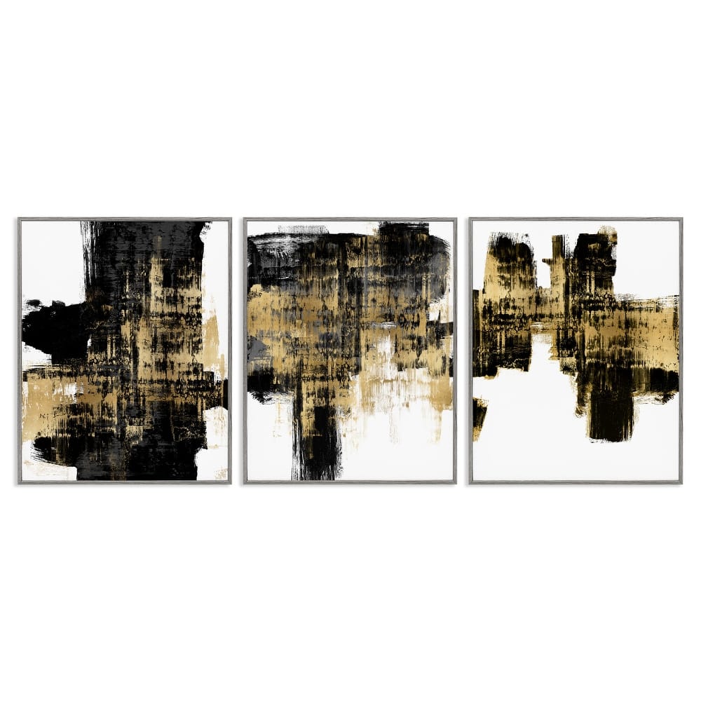 Stupell Bold Black Brushstrokes Golden Distressed Accent, 3pc Multi Piece Framed Wall Art Set