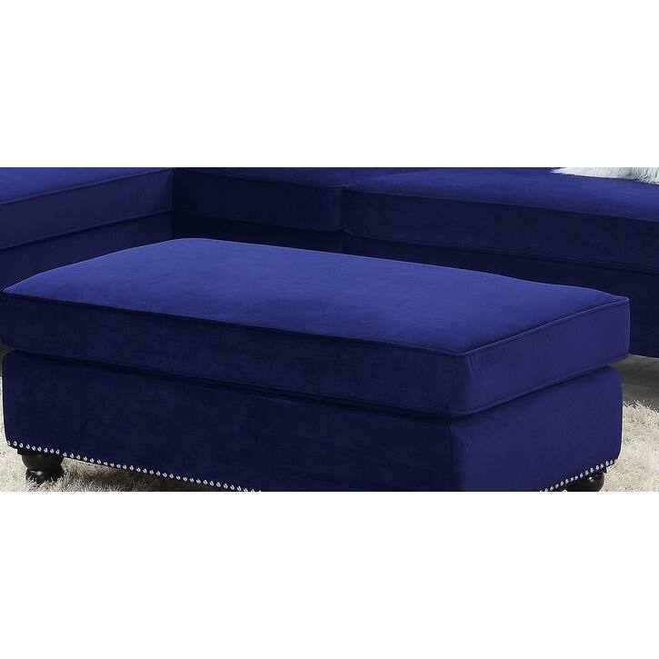 Living Room XL Cocktail Ottoman Indigo Velvet Accent Studding Trim Wooden Legs