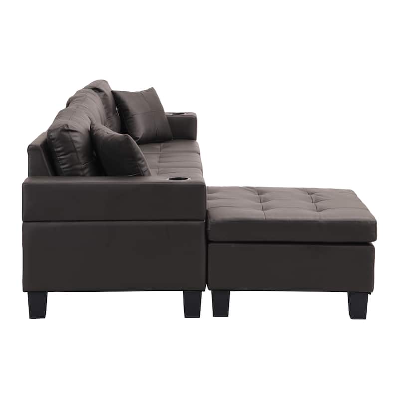 Brown 96.06'' PU Upholstery 4-Seater Sofa Set with Chaise