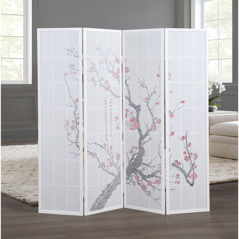 Roundhill Furniture Japanese 4-Panel Screen Room Divider, Plum Blossom