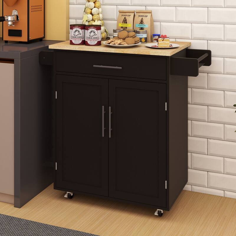Mobile Kitchen Cart with Rubber Wood Tabletop, Adjustable Storage, and Towel & Seasoning Racks