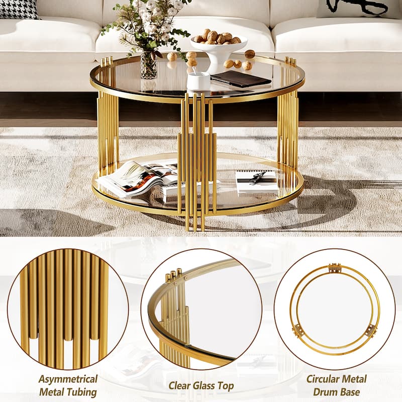 Modern Glass Coffee Table in 31.5", Asymmetrical Metal, Circular Metal Drum Base, Gold Finish & Lower Shelf
