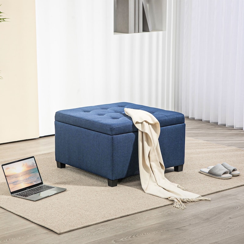 HOMCOM Fabric Tufted Storage Ottoman with Flip Top Seat Lid, Metal Safety Hinge and Stable Rubberwood Legs - Blue - Medium