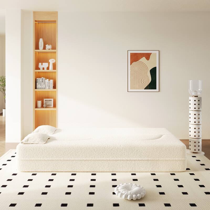 Modern Floor Sofa with 2 Pillows,Convertible Teddy Fabric Foam-Filled Sleeper Sofa Bed
