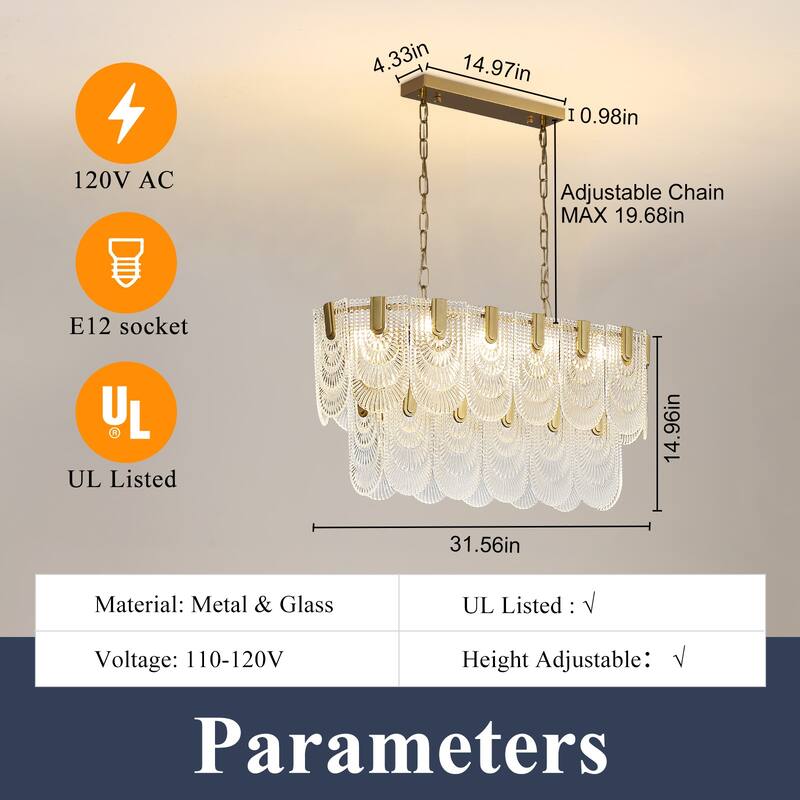 31.in. Gold Oval Crystal Chandelier, 8-Light Adjustable Hanging Pendant Light for Kitchen Island, Bulbs Included