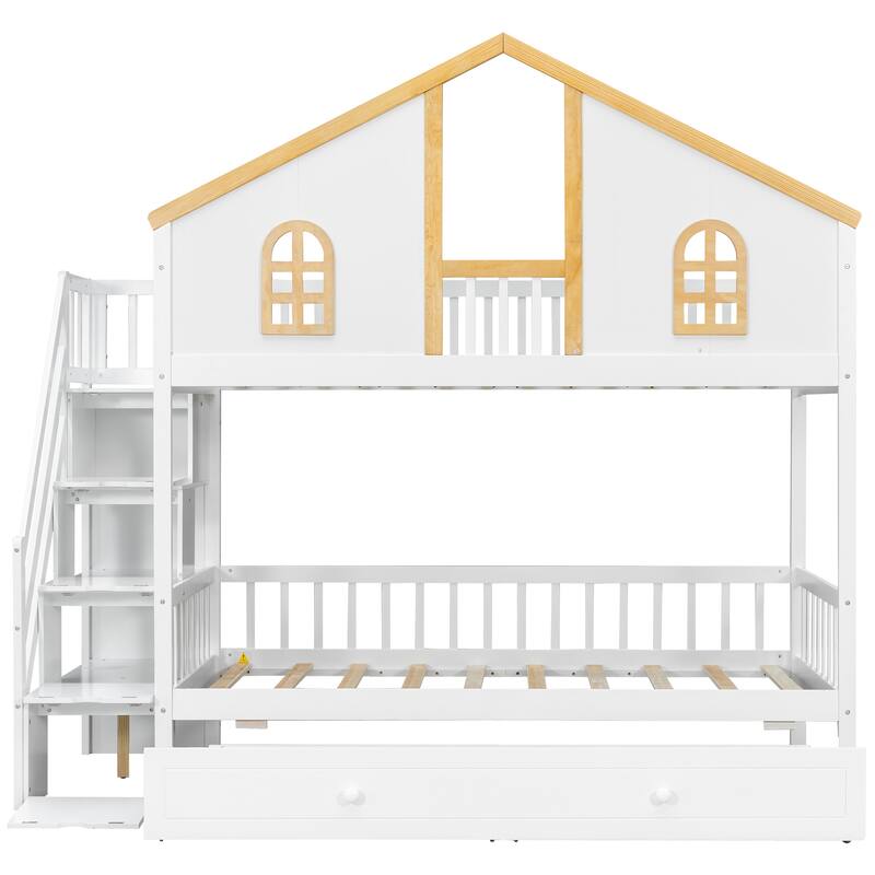 Fairytale Bunk Bed with Window Door House-shaped Roof Frame and Storage Staircase, Optional with Storage Drawers or Trundle Bed