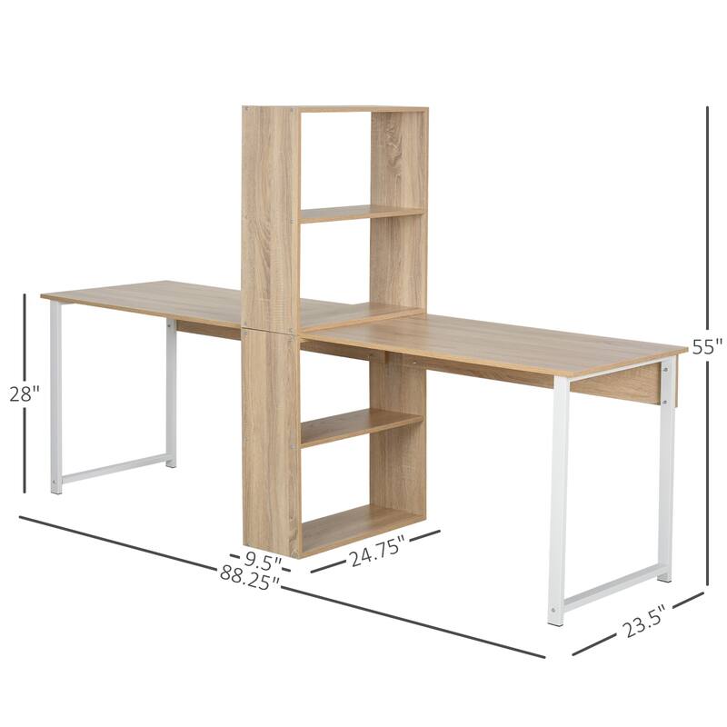 88" Double Computer Desk with Storage Shelves and Bookshelf