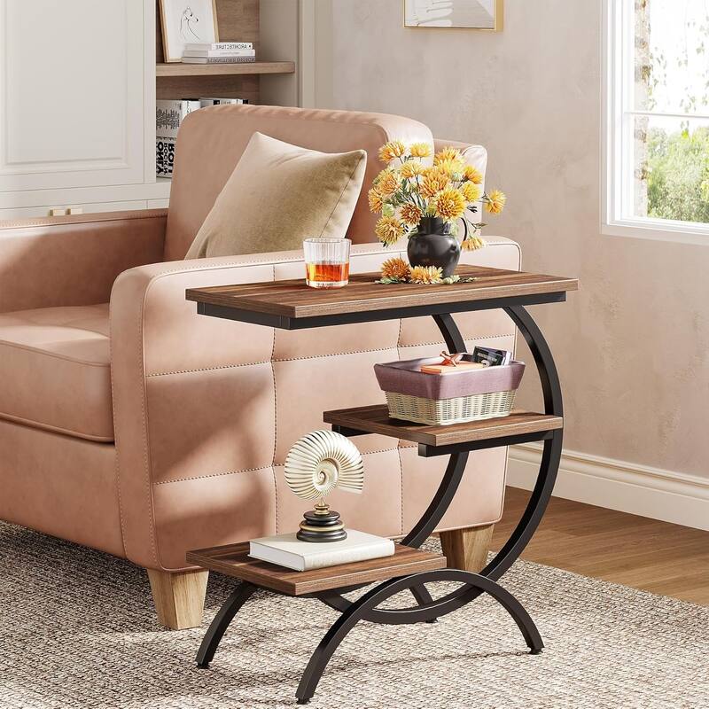 23.62 Inches Brown Wood C-Shaped End Table, 3-Tier Industrial Couch Side Table for Living Room - 1 Pc - Brown