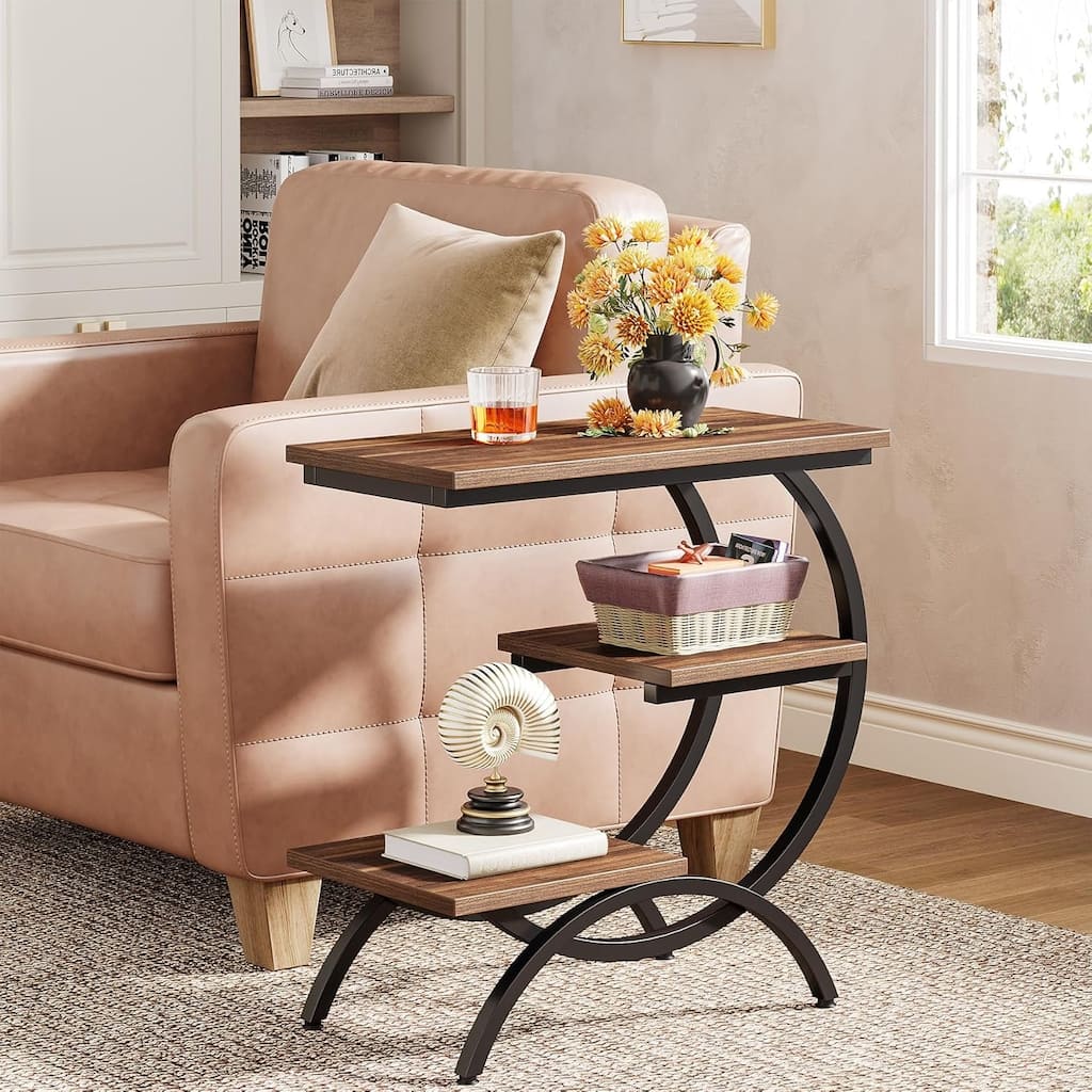 23.62 Inches Brown Wood C-Shaped End Table, 3-Tier Industrial Couch Side Table for Living Room
