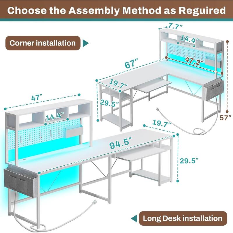 L Shaped Gaming Desk Computer Desk Corner Desk Pegboard Power Outlet