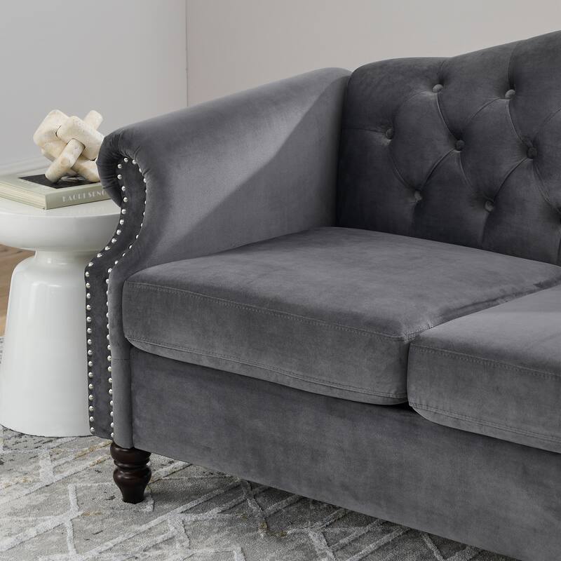 Chesterfield 2-Seat Sofa with Nailhead Trim, Velvet Upholstery, and Solid Wood Frame - Perfect for Living Room or Office