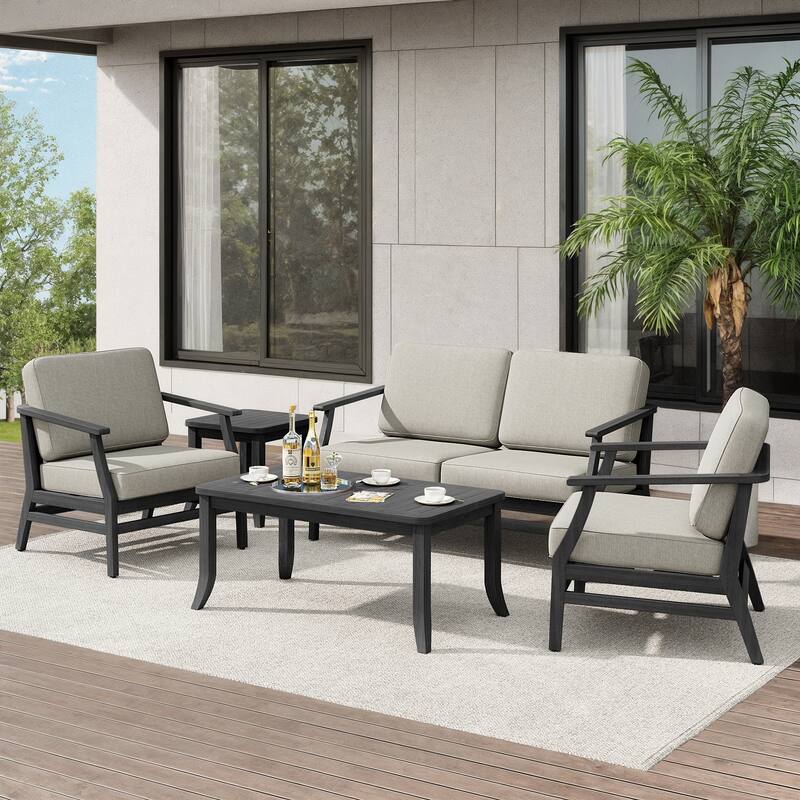 Teak Outdoor Patio Seating Set with Loveseat, Chairs and Tables (5-Piece) - Light Camel - Black Wood