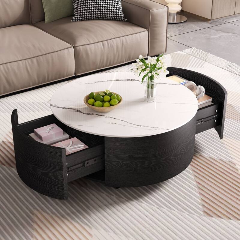 Roomfitters Round Coffee Table with Marble Top, Modern Center Table with Storage & Casters for Living Room - Black