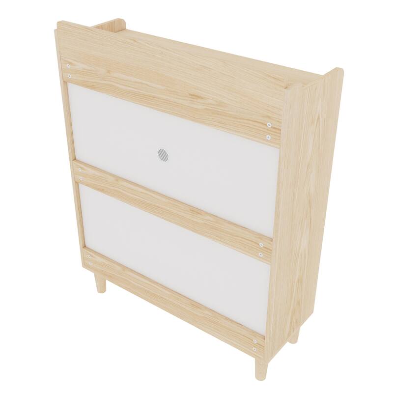 Narrow Shoe Cabinet with 2 Flip Drawers, Freestanding Storage Organizer, Shoe Rack with Solid Wood Legs for Entryway