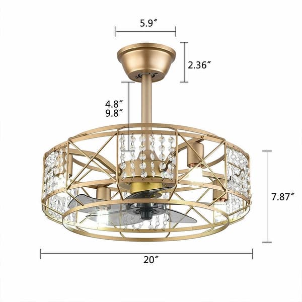 dimension image slide 3 of 2, 20" Gold Caged Farmhouse Crystal Ceiling Fan Light