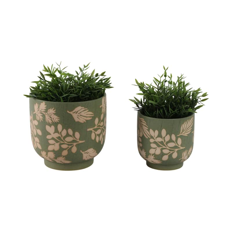 Ceramic Planter with Hand Painted Leaves Design - Set of 2, 6", 8" - 8.0"