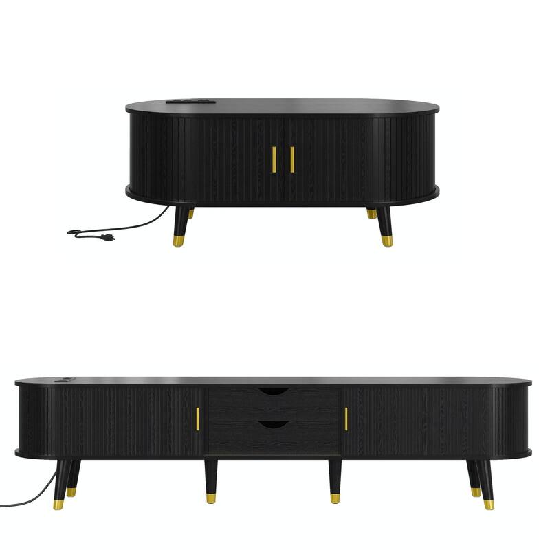 Farmhouse TV Stand & Coffee Table Set with Charging Station, Oval Fluted Media Console with Sliding Doors for TVs up to 80