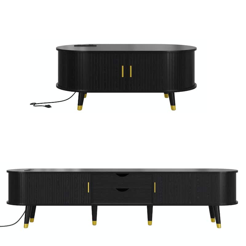 Roomfitters Mid-Century TV Stand and Coffee Table Set with Solid Wood Legs, Oval Fluted Media Console for TVs up to 80", Black