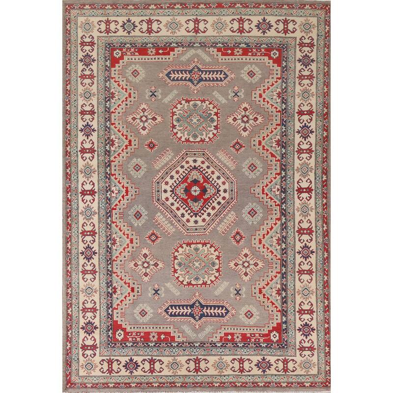 Hand Knotted Oriental 100% Wool Carpet Traditional Geometric Brown Kazak Area Rug - 9' 5'' X 6' 7''