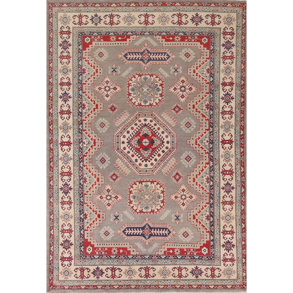 Hand Knotted Oriental 100% Wool Carpet Traditional Geometric Brown Kazak Area Rug - 9' 5'' X 6' 7''
