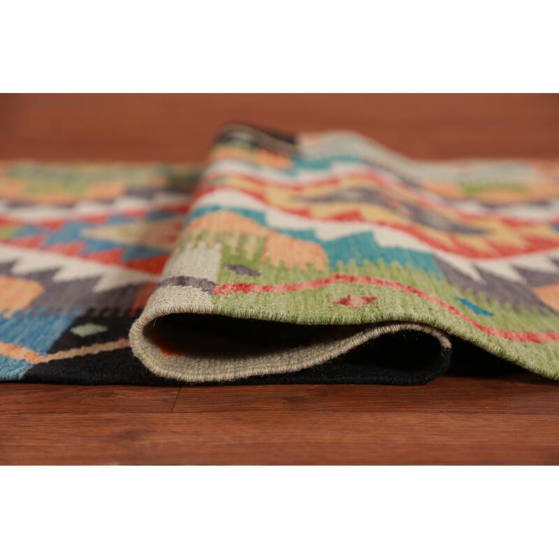 Hand Woven Oriental 100% Wool Carpet Southwestern Geometric Multi-Colored Kilim Runner Rug - 16' 2'' X 2' 10''