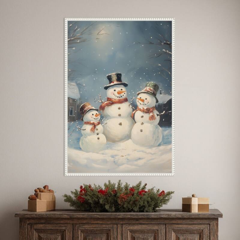 Snowman Family by Melloi Art Prints (23 x 33 in.), Framed Canvas Wall Art Print - Sylvie Beaded White
