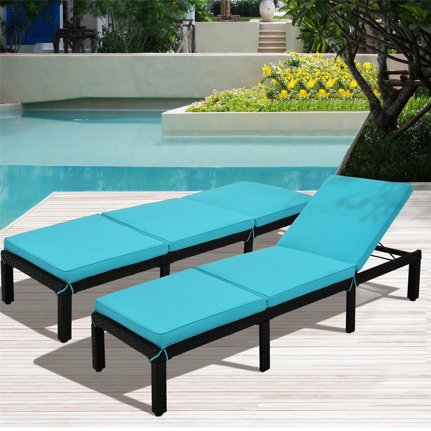 Outdoor Furniture Patio Adjustable Poolside Chaise Black PE Wicker Lounge Chair 