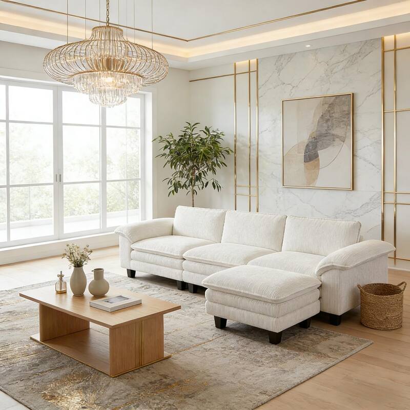 124.4" L-Shaped Corduroy Sectional Sofa with Movable Ottoman