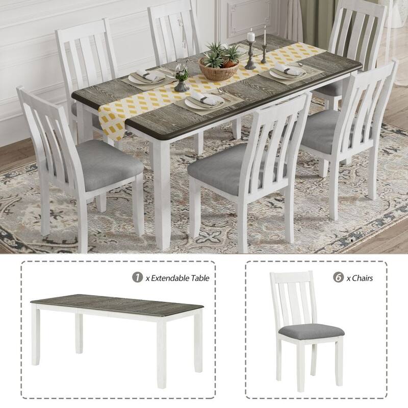 Retro Style 7-Piece Dining Table Set with Extendable Table and 6 Upholstered Chairs