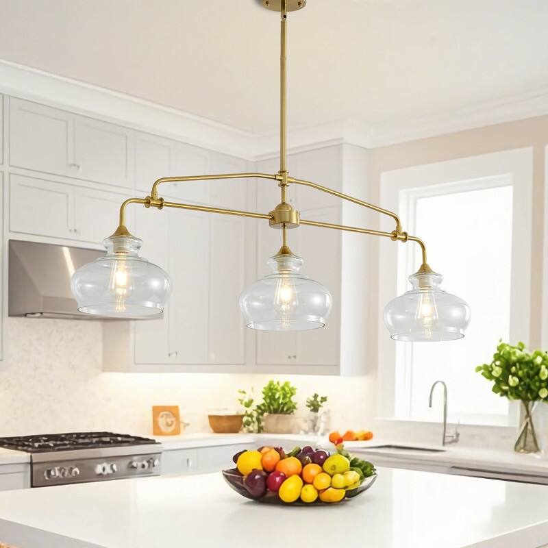 Farmhouse Modern Chandelier with Glass Shades Schoolhouse Chandeliers - 46.85x9.45x79.17in - Gold