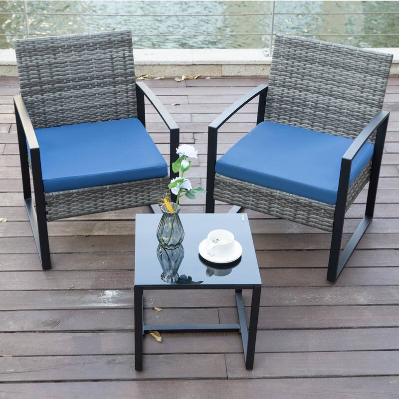 3-Pieces Wicker Patio Conversation Set Outdoor Chairs with Cushions