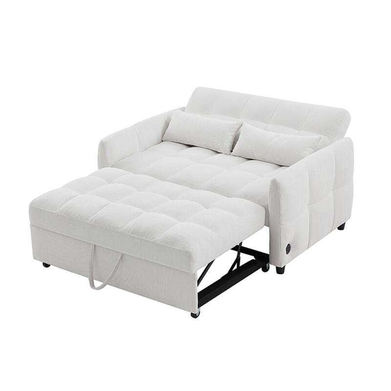 52.8" Convertible Loveseat Sofa Bed with Adjustable Backrest, USB Ports, Tufted Design, Chenille Upholstery, Beige