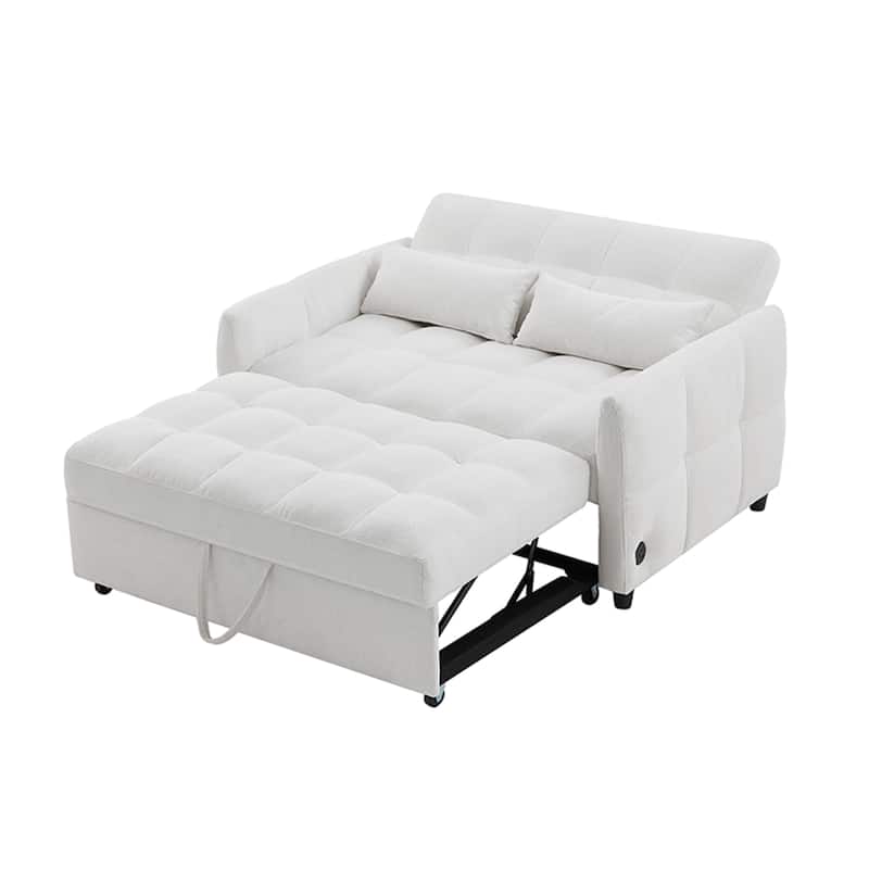 Chenille Loveseat Sofa Pull-out Sofa Bed, Upholstered Futon Sofa Adjustable Backrest Lounge Couch w3 USB Ports & 2 Pillows