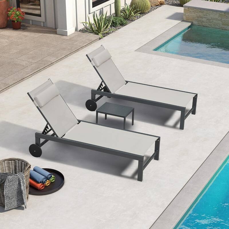 PURPLE LEAF Lounge Chair Set for Outside Aluminum Patio Recliner with Side Table and Pillow Beach Sunbathing Tanning Chairs - Straight leg(Beige)