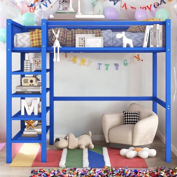 slide 2 of 18, Modern Style Full Size Metal Loft Bed with 4-Tier Shelves and Storage, Creative Structure, Storage Space, Good Stability, Blue Blue