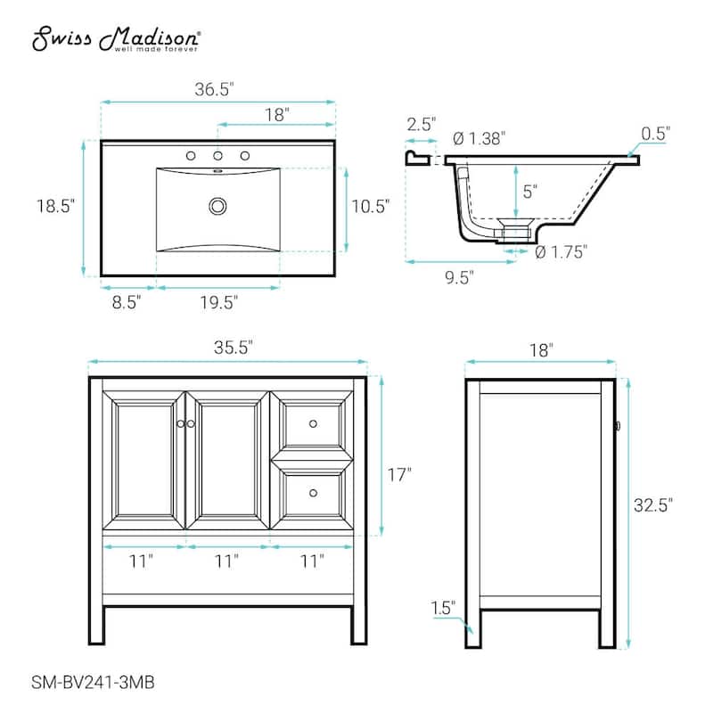 Swiss Madison SM-BV241-3MB Chateau 37" Free Standing Single Basin