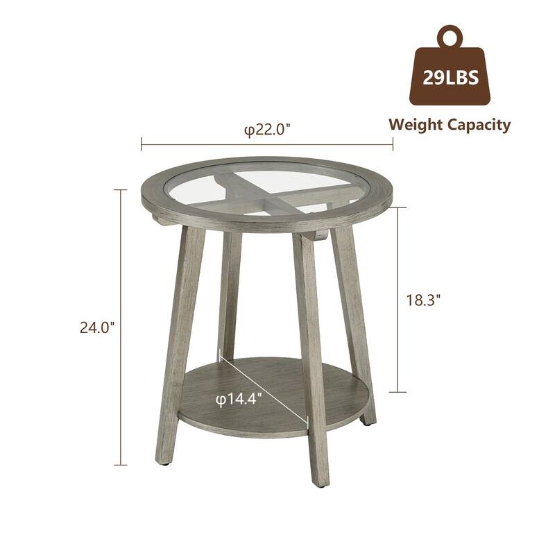 COSIEST 2-Tier Silver Round Glass Table for Living Room - 22" W x 22" D x 24"H