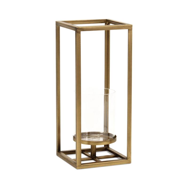 Small Square Framed Candle Lantern with Glass Insert - 13" - Gold